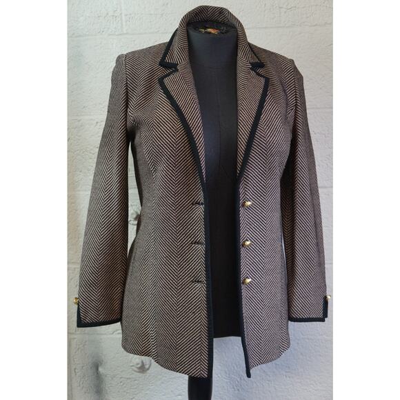 St. John Collection Pale Pink/Charcoal Herringbone Jacket w/ Suede Trim sz 6 - Picture 8 of 11